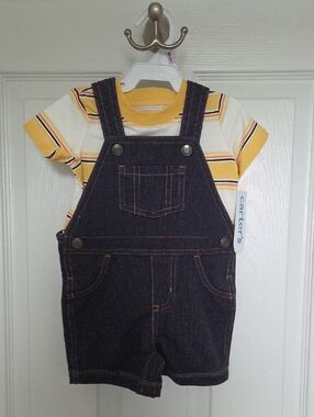 NWT Carter's Yellow Stripe Tee with Dark Denim Short Overalls
